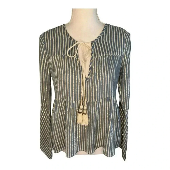 Altar'd State Tops - Altar'd State Women’s Medium Blue & Gold Striped Bell Sleeve Blouse with Tassels